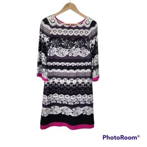 Eliza J Black Purple Printed Bell Sleeve Zip Back Lined Shift Dress Sz 10